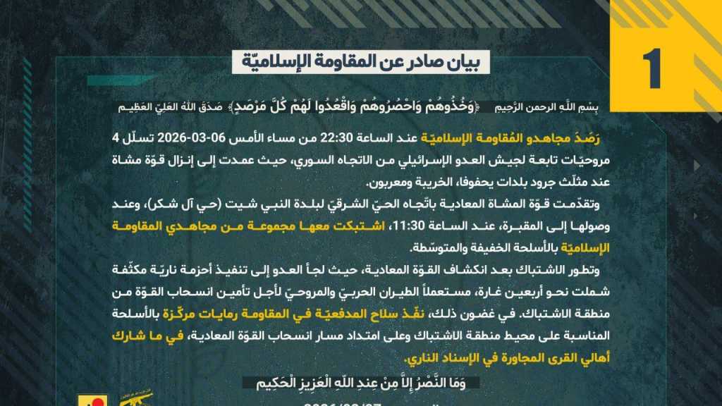 بيان صادر عن المقاومة الإسلامية (1): التصدي لقوة معادية تسللت إلى بلدة الني شيث البقاعية