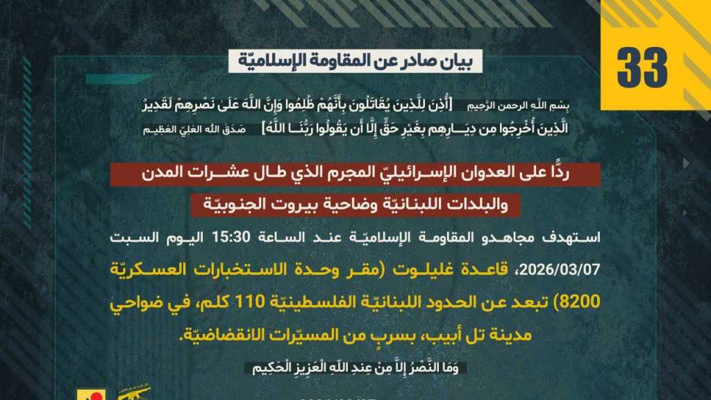 بيان صادر عن المقاومة الإسلامية (33):‏ استهداف قاعدة غليلوت في ضواحي تل أبيب بالمسيّرات
