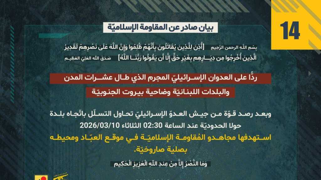 بيان صادر عن المقاومة الإسلامية (14):‏ استهداف قوة لجنود العدوّ الإسرائيليّ في موقع العبّاد ومحيطه بصلية صاروخيّة.