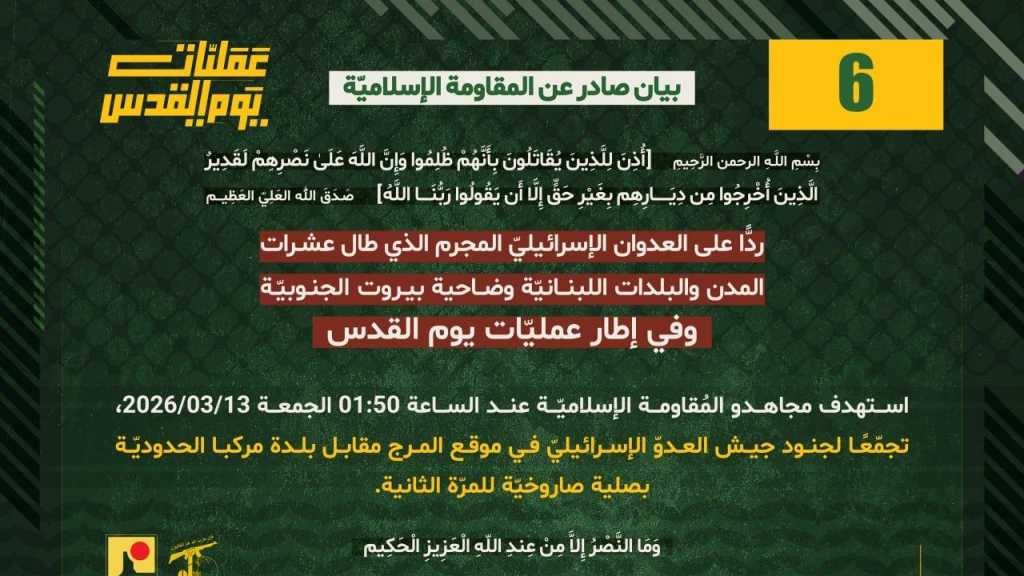 بيان صادر عن المقاومة الإسلامية (6):‏ استهداف تجمع معادي في موقع المرج