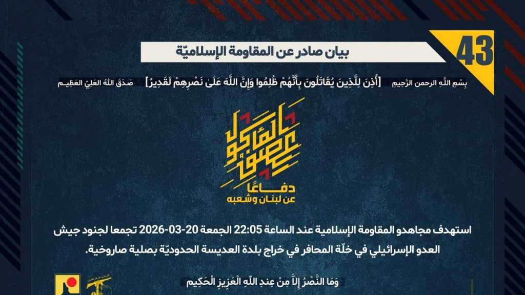 بيان صادر عن المقاومة الإسلامية (43):‏ استهداف تجمع لجنود جيش العدو الإسرائيلي في خلّة المحافر في خراج بلدة العديسة الحدوديّة بصليةٍ صاروخية. 