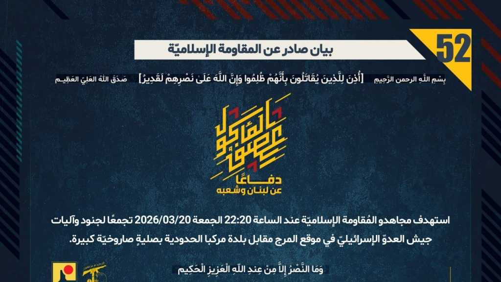 بيان صادر عن المقاومة الإسلامية (52):‏ استهداف تجمع  لجنود وآليات جيش العدوّ الإسرائيليّ في موقع المرج مقابل بلدة مركبا الحدودية بصليةٍ صاروخيّة كبيرة