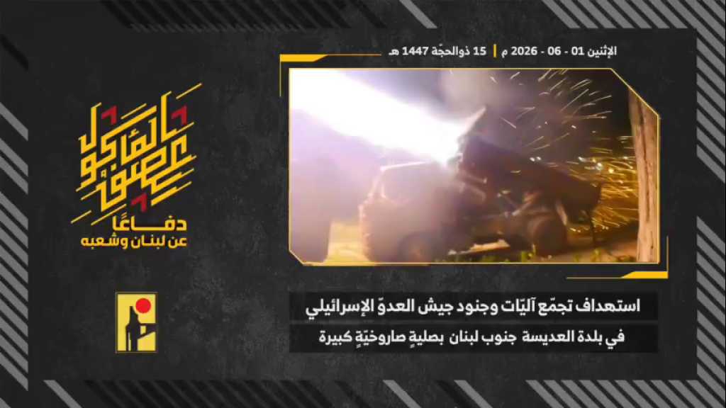 بالفيديو | مشاهد من عملية استهداف المقاومة الإسلامية بتاريخ 01-06-2026 تجمّع لآليات وجنود جيش العدو الإسرائيلي في بلدة العديسة جنوبيّ لبنان بصليةٍ صاروخيّة كبيرة.